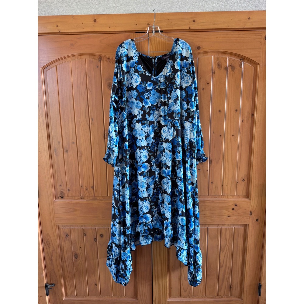 NWOT Roamans Blue Floral Handkerchief Hem Midi Dress Plus Sz 2X 26/28 Lg Sleeve